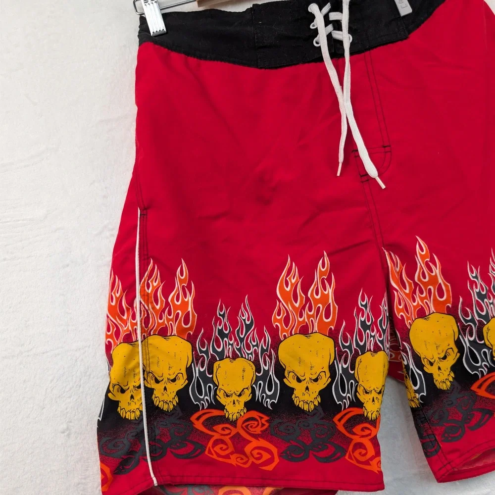 VTG Stig Surf Gear Shorts Mens M Red Mesh Skull Flame Tribal Billabong Style Y2K